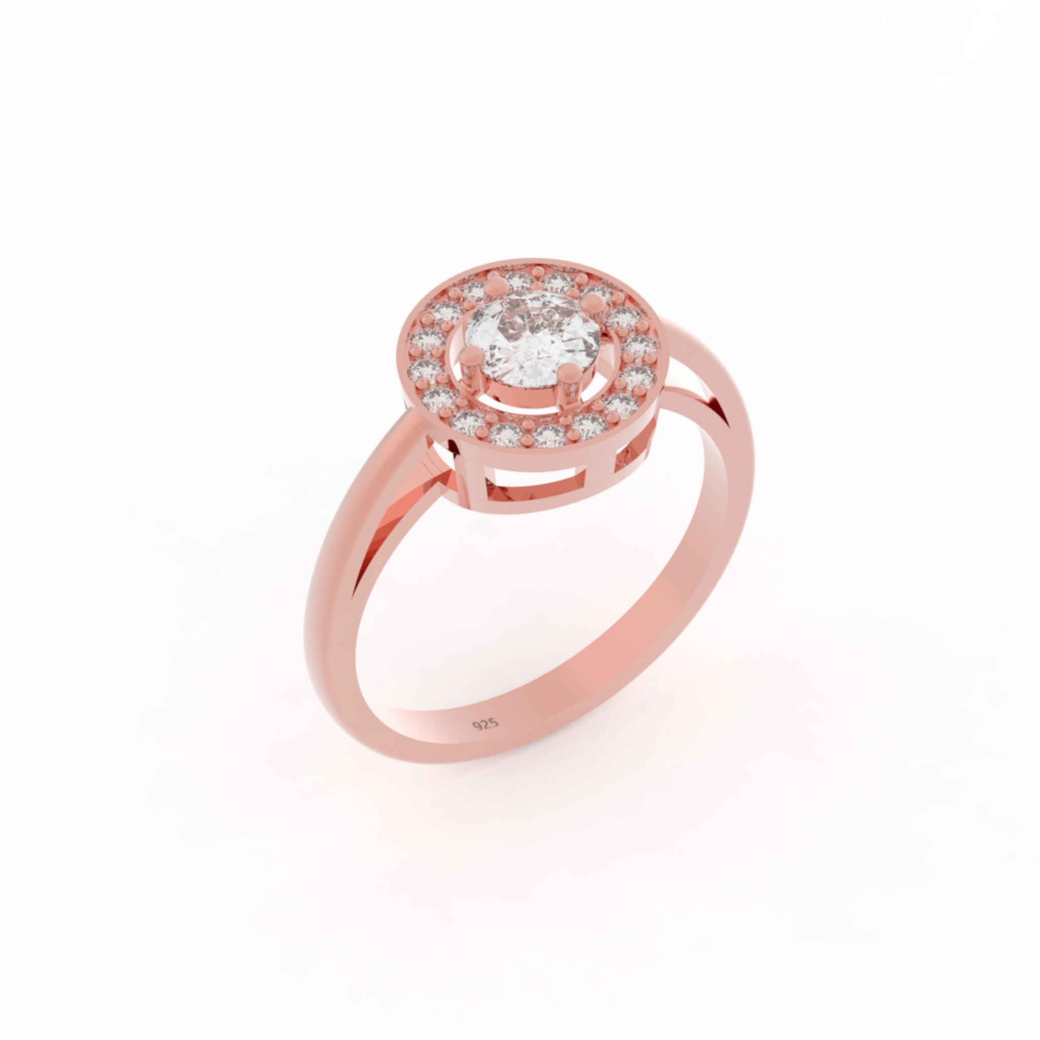 Solitaire Halo Engagement Ring, Hallmarked 925 Sterling Silver Rose Gold